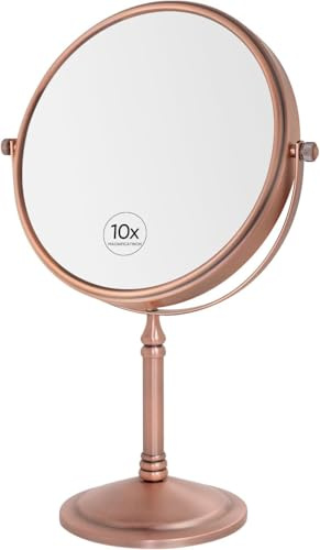 Nicesail Schminkspiegel Stehend Mattes Roségold Kosmetikspiegel mit Vergrößerung 10x Tischspiegel Rund 360° Schwenkbar Doppelseitiger Spiegel,Φ 20cm