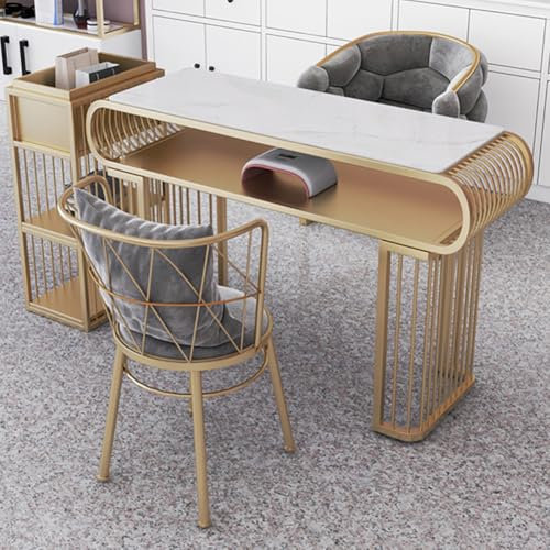TT-YEC Mesa De Manicura De Mármol Blanco, Estación De Manicura con Estructura De Metal Dorado, Mesa De Trabajo De Manicura De Doble Capa De Moda, Mesa De Salón De Manicura,L80cm