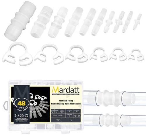Mardatt 48Pcs 5/32 to 3/4 Plastic Hose Barb Fitting with 6.6-18.1mm Double Snap Grip Nylon Hose Clamp Kit, Barbed Connector Splicer Mender Joint Adapter Union Reducer Fittings for Air Water Fuel