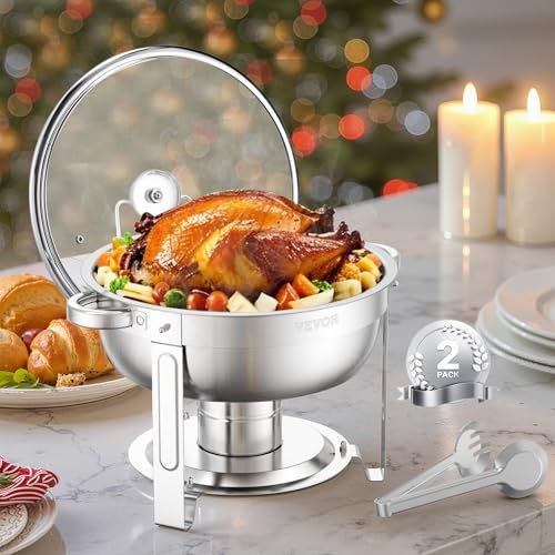 VEVOR Set Scaldavivande a Buffet 4,7 L in Acciaio Inox con 2 Padelle, Distributore Calore Rotondo con Coperchio in Vetro, Vaschetta per l'Acqua e Supporto, per Matrimoni, Feste a Buffet, Argento