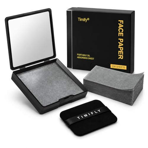 winmiya 200PCS Oil Absorbing Sheets – Natural Face Blotting Paper for Oily Skin, Makeup Oil Control Papers with Mirror Case & Puff, Portable Facial Blotting Sheets for Touch Up