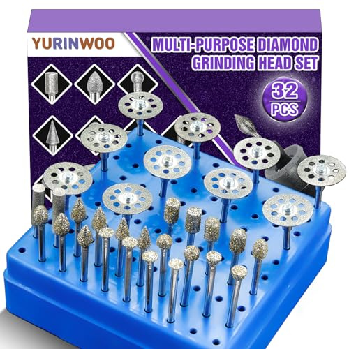 32Pcs Diamond Grinding Bit Set Grit 60, with 10 Diamond Cutting Wheel, Stone Carving Set Rotary Tool Accessories 1/8 (3mm) Shank Drill Bits Set for Stone Glass Ceramics Carving Polishing Cutting