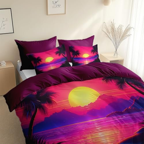 Set Copripiumino Reversibile con Federa Raddoppiare Spiaggia tropicale tramonto sul mare Set di Biancheria da Letto Moderno, 1 x Copripiumino 220 x 240 cm e 2 x Federa 50x80 cm colore: Viola scuro