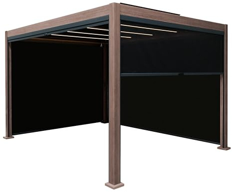 Metal Pergola 4m x 3m Wood Effect With 4 Retractable Mesh Blinds & LED Lights Tilting Canopy Roof Aluminium Outdoor Garden Gazebo Sun Shelter Drainage Weather Resistant Tools & Ground Bolts Included