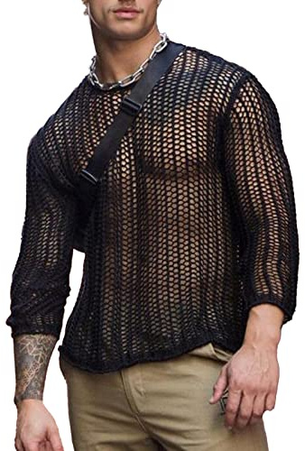 Camiseta Interior de Punto de Manga Larga Transpirable de Color con Rejilla Ligera con Transparencias para Hombre (XL)