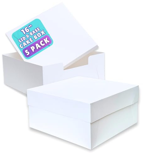 PACK N TRADE White 16 Inch Cake Box, Pack of 5 Square Cardboard Cake Boxes with Lids (16 x 16 x 6 Inches), Ideal for Safely Carrying and Transporting Cakes