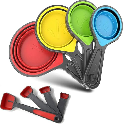 Collapsible Measuring Spoon Set – 4-Piece Foldable & Stackable Silicone Measuring Cups for Baking & Cooking (1, 1/2, 1/3, 1/4 Cup) – BPA-Free, Dishwasher-Safe, Space-Saving Kitchen Tools (Red)