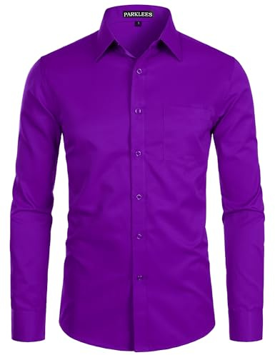 PARKLEES Camicia da uomo a maniche lunghe tinta unita slim fit casual business formale abbottonatura camicie con tasca