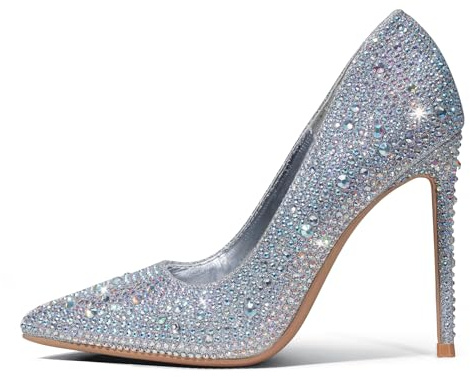 GENSHUO Tacco 10 Stiletti Punta MOD.6930 – Matrimonio, Serate, Strass Argento, 38 EU