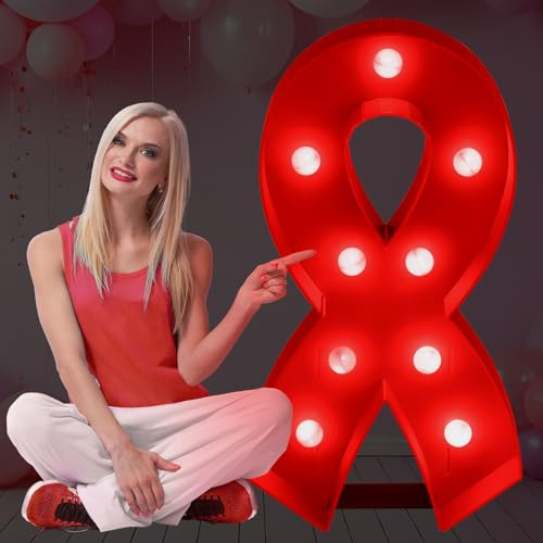 Tujoe 36 Red Ribbon Decor Heart Health Awareness Frame with String Light Large Foam Board Decoration Photo Prop for Heart Disease HIV Aids Awareness Activities School Office Home Charity Events