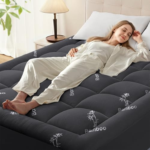 Anluoer Queen Mattress Topper Memory Foam Mattress Topper for Back Pain, Bamboo Derived Rayon for Hot Sleepers, 8-21 Inch Deep Pocket, 60 x 80 Inches, Dark Grey