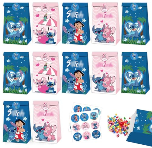 JUNERUN 12 Stück Stich Geschenktüte Klein, Stich Mitgebsel Papiertüten Kindergeburtstag, Party süßigkeiten tüten mit 12 Aufkleber, Geschenkpapier Verpackungen für Kindergeburtstag, Weihnachten (B)