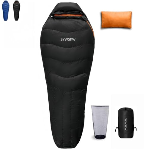 SYWSKW Down Sleeping Bag with Pillow for Backpacking,15℉ 5℉ 0℉ Wide Down Sleeping Bag (86.6 in x 33.5 in) for Adults,Teens,Youth Camping and Hiking Outdoor with 680FP Duck Down