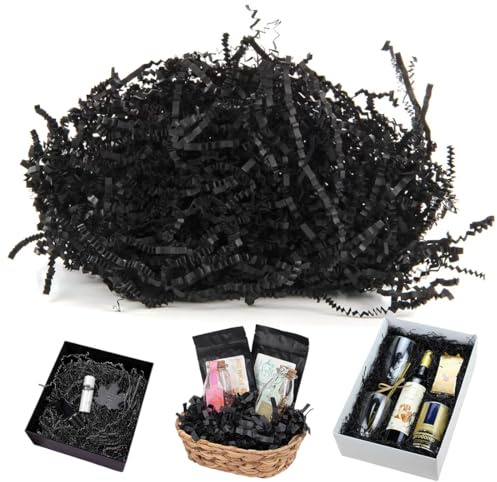 AYVRUOP 200g Papier Déchiqueté,Papier de Soie Emballage,Panier Cadeau de Remplissage,Halloween Decoration,Raffia Remplissage Papier de soie Déchiqueté pour Décorer Cadeaux,Artisanat DIY(Noir)