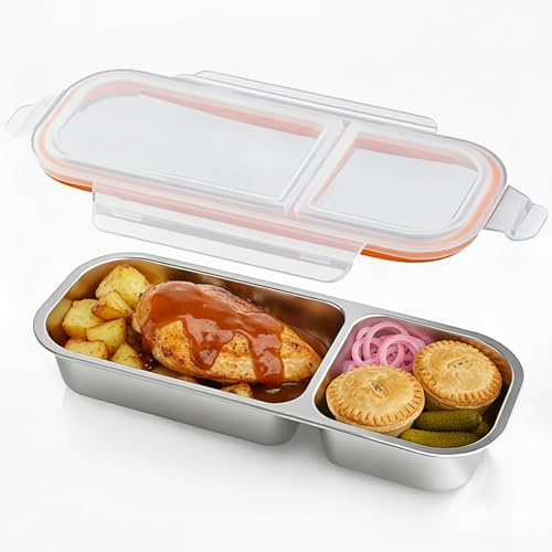 1 caja bento de acero inoxidable, contenedor de almuerzo con 2 compartimentos con tapa transparente para preparación de comidas, uso sobre la marcha (700 ml, tapa blanca)