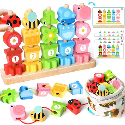 Montessori Wooden Toddler Toys Gifts: Fine Motor Skills Toy for 2 3 4 Year Old Girls Boys - Sorting Stacking Blocks Educational Wooden Beads Sequence Set - Toddlers Games for 2-5 Year Old Girl Toys
