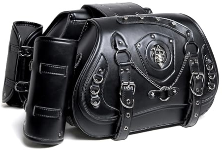 Motorcycle Saddlebags for Harley Davidson Softail Fat Boy 1990-2024, Vintage Motorcycle Saddle Bag Leather Side Tail Bag, Waterproof Motorbike Saddle Bags with Cup Holder,B