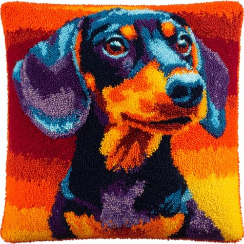 WallustrioaW Knüpfkissen-Set,Tierische Hunde,bunte Dackel,knüpfkissen Set für Anfänger Erwachsene oder Kinder zum Selber Knüpfen,Knüpfpackung Knüpfset Kissen,17x17in