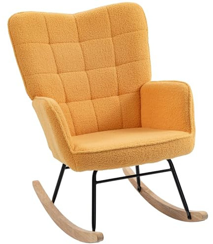 HOMCOM Silla Mecedora, Mecedora de Borreguito con Respaldo Alto, Patas de Madera de Haya, Reposabrazos, Estilo Moderno, Sillón de Lactancia, Carga 120 kg, para Dormitorio, Salón, Amarillo