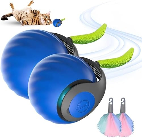 Xevinas Interaktives Katzenspielzeug Ball, Wiederaufladbarer USB Katzenspielzeug Selbstbeschäftigung Mit Federschwanz, 2 Modi, Katzenball Elektrisch Cat Toys Für Katzen Hunde (A*2)