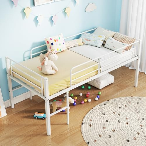 GIANTEX Cama Metálica para Niños 90x190cm, Litera con Barandilla, Escalera a Ambos Lados, Cama Alta con Somier y Espacio Debajo, 198,5x96x88cm, para Juvenil, Adulto (Blanco)
