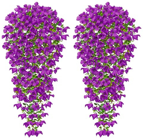 MEIVINES Kunstblumen Hängend 2 Stück 77cm Künstliche Hängepflanzen | Kunstblumen Outdoor Wetterfest Kunstblumen Wie Echt Seidenblumen Plastik Blumen für Außen Innen Garden Balkon (Lila)