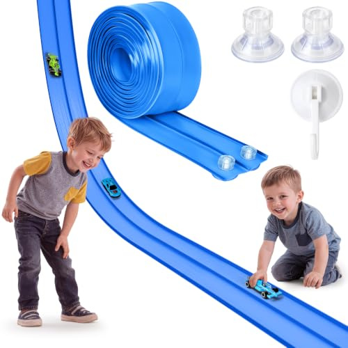 Hot Bee 4,5 m Flexible Autobahn und Rennbahn Auto Spielzeug für Kinder | Blaue Race Car Track, Doppelspur-Rampen für 1:64 Autos, Jungen Und Mädchen 3 4 5 6 7 Jahre