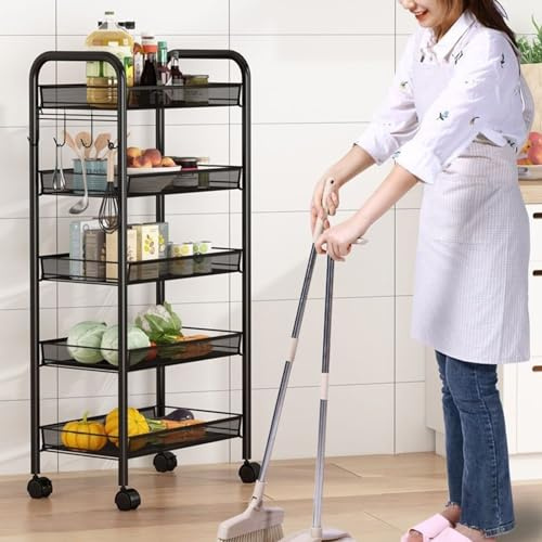 Sun Bling 5 Tier Vegetable Rack for Kitchen, Metal Mesh Fruit and Veg Storage Basket with Wheels, Stackable Narrow Storage Trolley on Casters, Utility Cart for Bathroom Living Room Office Garage