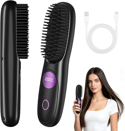 Cefryna Stylingbürste, Stylingbürste für Kurze Haare, Glättbürste Kabellos mit LED-Anzeige, Haarbürste Elektrisch, 3 Temperaturstufen, für Glattes, Lockiges und Trockenes Haar, Tragbar