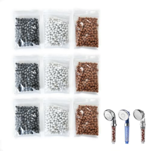Recharges de billes minérales pour pommeau de douche filtrant (9 packs), pierres filtrantes ionisantes, anti-calcaire, pH neutre pour la peau, compatibles universellement avec douches à main