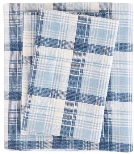 Woolrich Cotton Sheet Set Cottage Charms Print, 100% Cotton Flannel Sheets Warm & Fuzzy Bedding Set Queen Size Sheets, Fitted Pocket Fits Up to 14 Mattress, Queen Blue Plaid, 4 Piece