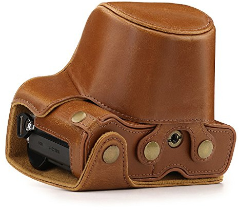 MegaGear MG1347 Etui de Protection avec Bandoulière/Accès Batterie en Cuir pour Appareil Photo Olympus Om-D E-M10 Mark III (14-42mm) Marron Clair