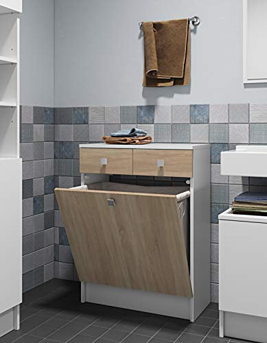 Symbiosis Combi Portabiancheria da Bagno Mobiletto Basso, Bianco e Rovere Naturale 60x29.6x81.5 cm