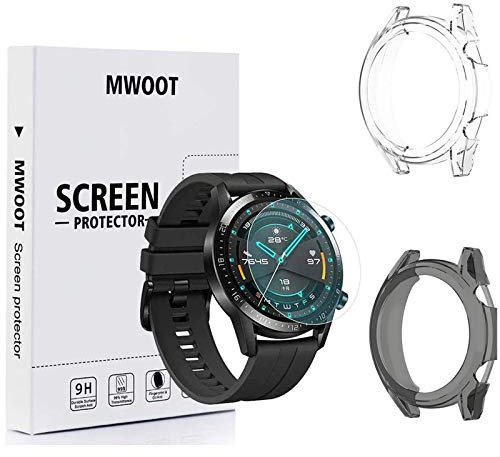 MWOOT Compatible with HUAWEI Watch GT2 46MM Screen Protector Glass Tempered [4Pcs] and Silicone Cover for Watch Case Protection [2Pcs], Scratch Resistant Protective Accessories Set [Bumper+Glass Film]