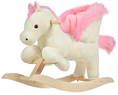 HOMCOM Kinder Schaukelpferd Baby Schaukeltier Pferd mit Tiergeräusche Spielzeug Haltegriffe für 18-36 Monate Plüsch Weiß+Rosa 70 x 28 x 57 cm