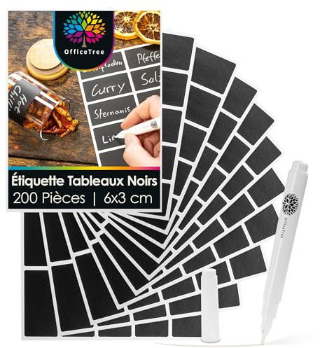 OfficeTree 200 x Tafelaufkleber zum Beschriften inklusive Kreidestift - 6 x 3 cm - Tafel Aufkleber zum Beschriften - Schwarze Etiketten Selbstklebend für Küche Gläser Flaschen