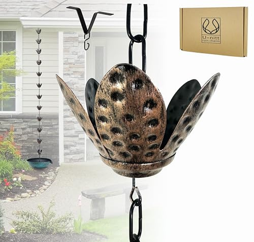 U-nitt Rain Chain Water Collection for Gutters Rainwater Catcher & Diverter, 8.5 FT Chains for Outside Garden, Copper Lily Cups, Roof Downspout, Works with Heavy Rain, w/Gutter Clip for Rainchains
