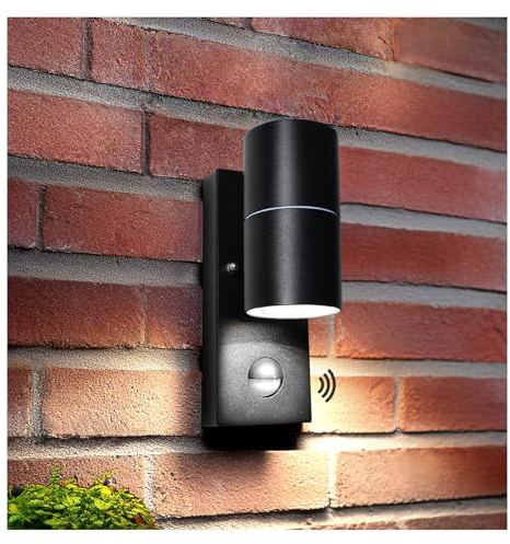 Unikcst LED Aussenlampe mit Bewegungsmelder Schwarz Matt | Modern Aussenleuchte, IP44 Wasserdicht Wandleuchte 230V, inkl.1x 5W Kaltesweiß GU10 6000K Leuchtmittel, 1 Stück