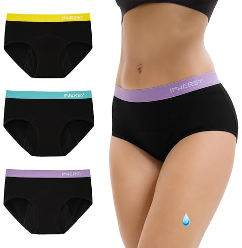 INNERSY Period Pants Light Flow Menstrual Underwear Mid-rise Briefs 3 Pack | Cotton Leakproof Hipster Panties, Stretch Sports Waistband, Tag-free Knickers, Use at the Beginning and End of Menstruation