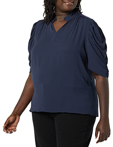 Amazon Essentials Camicetta in Tessuto Georgette Leggero con Scollo con Volant e Mezze Maniche Donna, Blu Marino, M