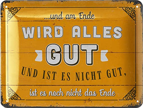 LANOLU Retro Blechschilder Sprüche - Alles wird gut Geschenk - vintage Metallschilder mit Sprüchen - am Ende wird alles gut - Shabby Chic Deko Küche in Holz Optik 15x20cm