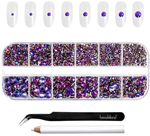 Beadsland Strass à Dos Plat,Velours violet,8 Tailles Assorties,2500 PCS | Rhinestones Violets,SS4-SS30,Matériau en Verre,Nail Art Kit,Visage Pierres Précieuses,Avec des Pinces et un Crayon de Cire
