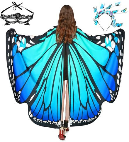 Sunlisky Schmetterling kostüm Damen Schmetterlingsflügel Erwachsene Faschingskostüme Damen Umhang Verkleidung Schmetterlings Zubehör 3 Set mit Schmetterling Haarreif Gesichtsmaske