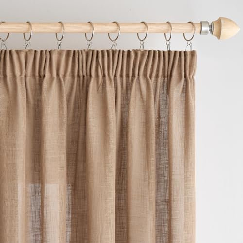 Woaboy Leinen Gardinen mit Kräuselband Vorhänge Wohnzimmer Leinenoptik Halbtransparent Stores Gardine Schlafzimmer Modern Schlaufengardinen 2er Set 140x245cm (BxH) Braun