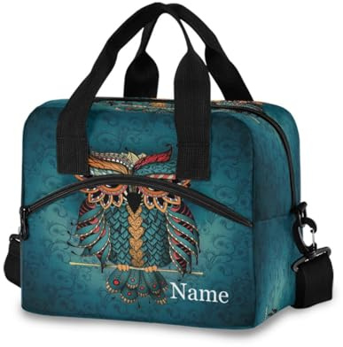 Bolsa de almuerzo personalizada para niños, diseño de búho de color oscuro, hielera personalizada, lonchera de gran capacidad, organizador de almuerzo para niños y niñas