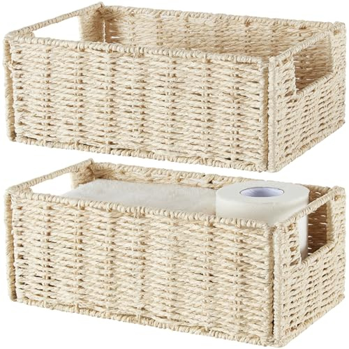 Vagusicc Cesta de almacenamiento de mimbre, cesta de almacenamiento pequeña, cestas de mimbre tejidas para organizar con asas, contenedores de almacenamiento plegables, cesta de papel higiénico para