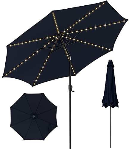 GOPLUS Sonnenschirm 300 cm mit LED-Solarleuchte, Balkonschirm mit Kurbel, beidseitig um 30° knickbar, Sonnenschutz Gartenschirm, Marktschirm Terrassenschirm für Balkon, Garten & Terrasse, Dunkelblau