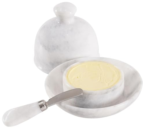 Beurrier Radicaln Marble avec couvercle, 15 cm, blanc, fait main. Beurrier idéal pour conserver le beurre. Beurrier de comptoir avec réserve d'eau.