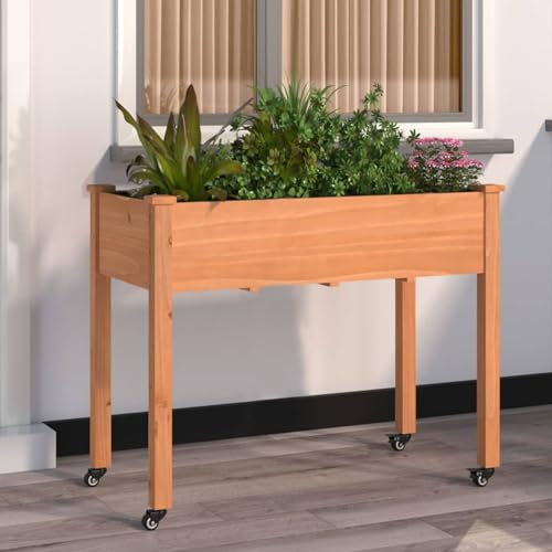 ZEYUAN Jardinière sur Roues avec Doublure Brun 118x59x80 cm Bois Sapin,Jardiniere sur Pieds,Bac avec Treillis,Jardiniere Terrasse