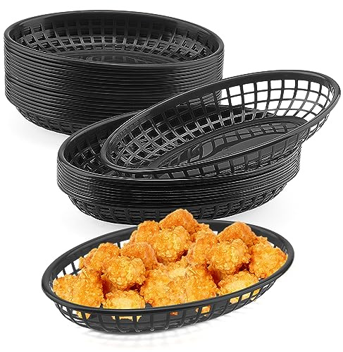 MUKCHAP 40 PCS Black Plastic Fast Food Basket, 23 x 14 x 4cm Oval Fast Food Baskets, Plastic Food Serving Baskets for Chip Sandwiches Burgers